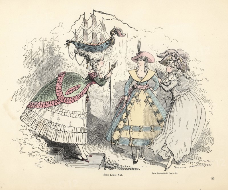 Women’s fashions in the era of King Louis XVI of France, 1774-1792. She wears a redingote and short hooped skirt, while her pouf headdress includes a French battleship like the one worn by Marie Antoinette. Sous Louis XVI. Handcoloured engraving by Gilloy after an illustration by Alfred Grevin from Les Filles d’Eve, Album de travestissements plus ou moins historiques, Typographie Eugene Plon, Paris, 1850.