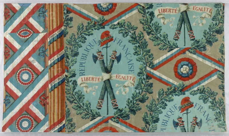 République Française Liberté Égalité, Block printed on handmade paper, Wallpaper designed for the French Revolution, illustrated with oak leaf wreath enclosing crossed fasces, sword & Phrygian cap. Tricolor ribbons wrapped around fluted column bear legend: 'Soyons Unis/Nous Serons/Invincibles.', France, ca. 1792, Wallcoverings, Sidewall and attached border, Sidewall and attached border