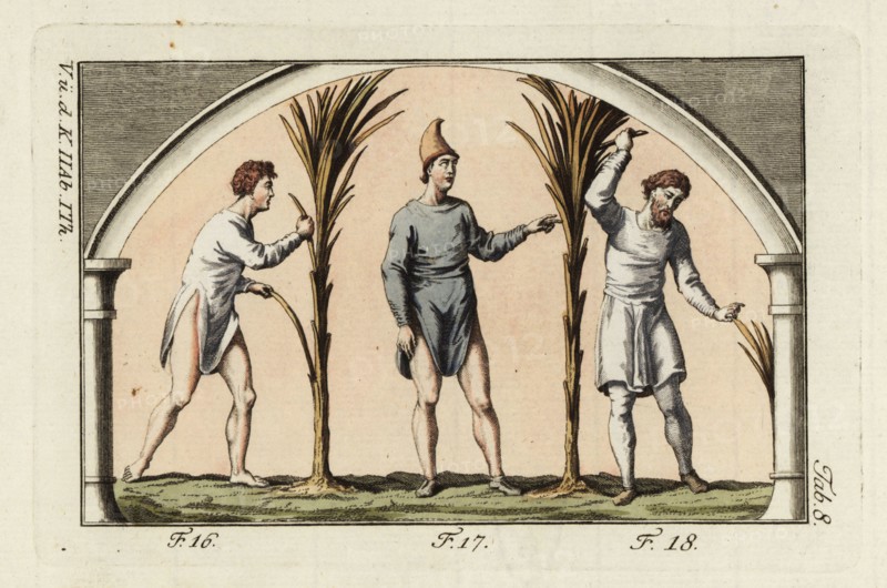 Anglo-Saxon labourer and farmers. Laborer (or slave) in simple open tunica without a belt (16), a farmer (or free man) in tunica and Phrygian hat (17) and a high-rank farmer in knee-length tunica and leggings (18). Handcolored copperplate engraving from Robert von Spalart's Historical Picture of the Costumes of the Principal People of Antiquity and Middle Ages, Vienna, 1796.