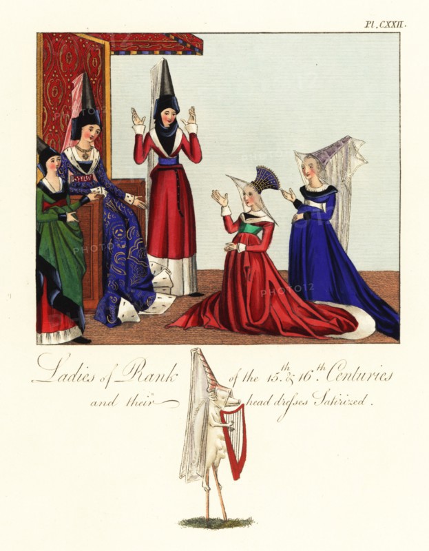 Ladies of rank of the 15th and 16th centuries and their headdresses satirized. Queen on throne with ladies in waiting, from the Romance of Jean de Saintre, Cotton Nero D IX f.2, kneeling women from Jean Mielot's Benvenuto da Imola, Romuleon, Royal MS 19 E V, and satirical image of sow on stilts with harp wearing a hennin from Jean Froissart's Chronicles, Harley MS 4379. Handcoloured engraving by Joseph Strutt from his Complete View of the Dress and Habits of the People of England, Henry Bohn, London, 1842.
