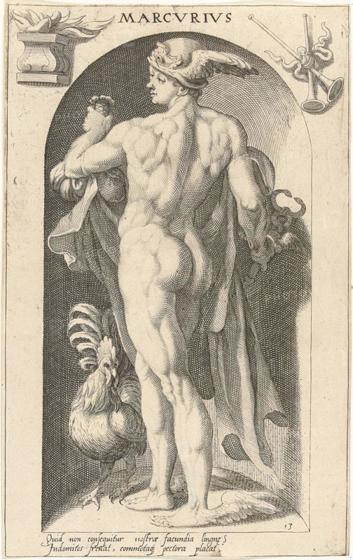 Mercurius; Marcvrivs; Antieke Goden.An image of the God of Trade Mercury, placed in a niche. Mercury bears his typical attributes the winged sandals and the winged helmet the petasus. In his hand he holds the caduceus, a staff with two hoses. Next to him a rooster. Roosters usually take the car from Mercury. With a caption in Latin.
