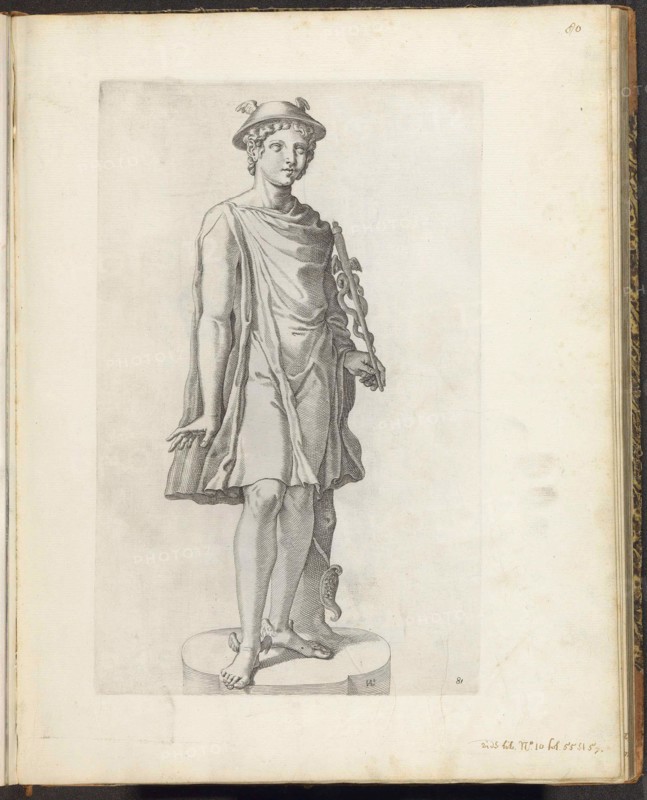 Statue of Mercury; Galleria Giustiniana del Marchese Vincenzo Giustiniani I. Statue of Mercury with petasus on the head and caduceus in hand. The coat of arms of Vincenzo Giustiniani is hanging on the tree trunk. Print is part of an album with a series of prints to the sculptures in the collection in the Galleria Giustiniani in Rome.