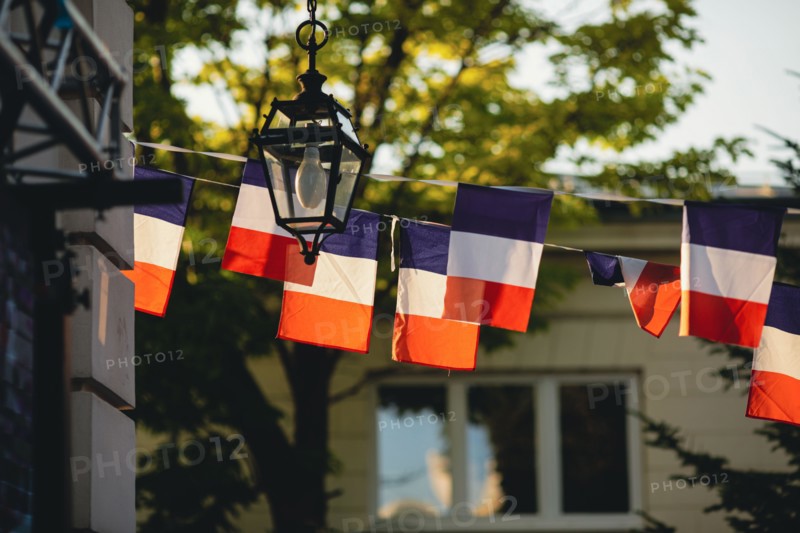 Shallow depth of field (selective focus) details with french flags at a garden party during the France 14th of July National Day.