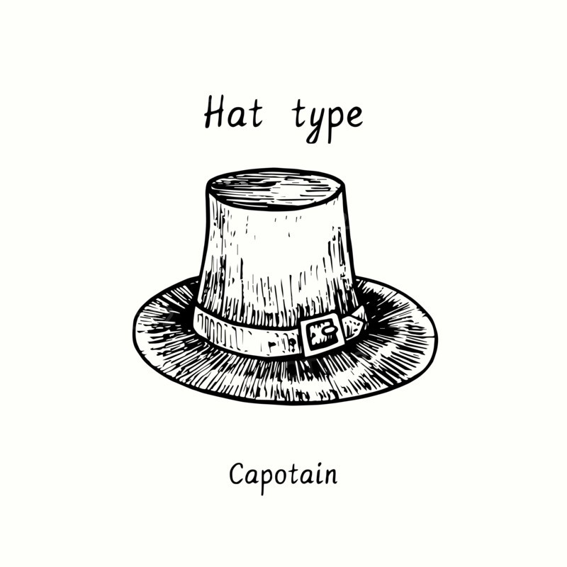 Hat type, Capotain. Ink black and white drawing outline illustration