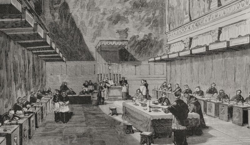 Pope Leo XIII (1810-1903). Italian pope (1878-1903). Born Vincenzo Gioacchino Pecci. The conclave for the election of Pope Leo XIII. Voting in the Sistine Chapel. Engraving. La Ilustración Española y Americana, 1878.
