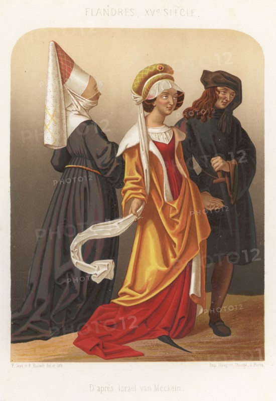 Three Flemish costumes, 15th century. Woman in hennin with veil and wimple, woman in bonnet and cracows, and man in chaperon and velvet coat with dagger. After German engraver and painter Israel von Meckeln. Flandres, XVe siecle. Chromolithograph by Ferdinand Sere and Auguste Racinet from Charles Louandre’s Les Arts Somptuaires, The Sumptuary Arts, Hangard-Mauge, Paris, 1858.