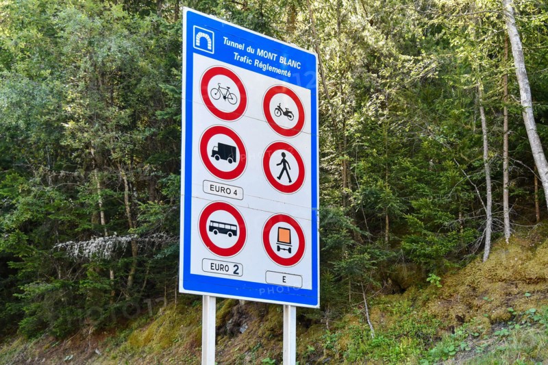 Road sign indicating the traffic regulation of the Mont Blanc Tunnel, Chamonix, Haute Savoie, France