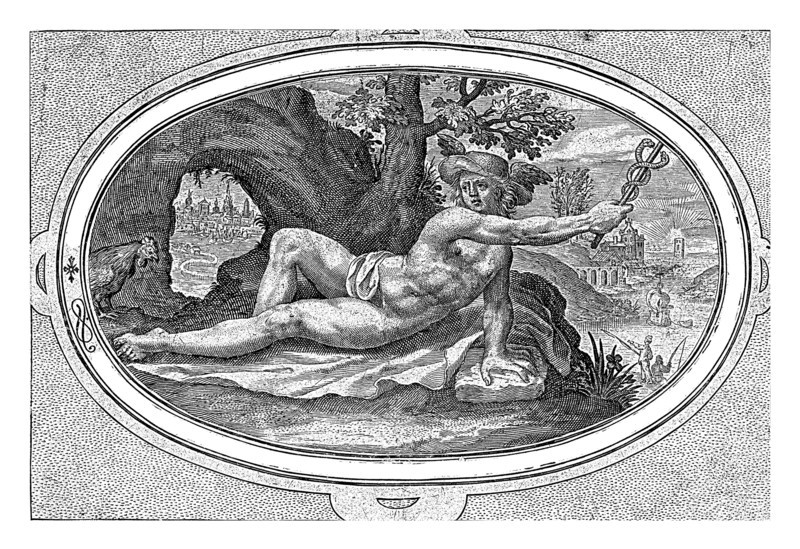Mercury, Crispijn van de Passe (I), 1592 Landscape with Mercury and his symbol the rooster. Roosters usually pull Mercury's chariot. Mercury wears his