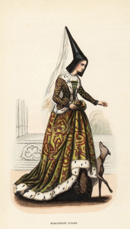 Margaret of York, or Margaret of Burgundy, Duchess of Burgundy, 1446-1503. In tall conical hat or hennin with long veil, ermine-trimmed embroidered robe and skirts, walking with a dog. From the manuscript Benois seront les misericordieux in the Bibliotheque royale de Bruxelles. Margeurite d'York, XVe siecle. Handcoloured woodcut engraving by SB from Costume du Moyen Age, Medieval Costume, Librairie Historique-Artistique, Brussels, 1847.