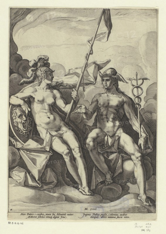 Minerva en Mercurius, Jacob Matham (attributed to), after Hendrick Goltzius, 1588 print Minerva with helmet, sword and banner in conversation with Mercury, with Caduceus and winged hat (petasus).  paper engraving (story of) Mercury (Hermes). (story of) Minerva (Pallas, Athena)