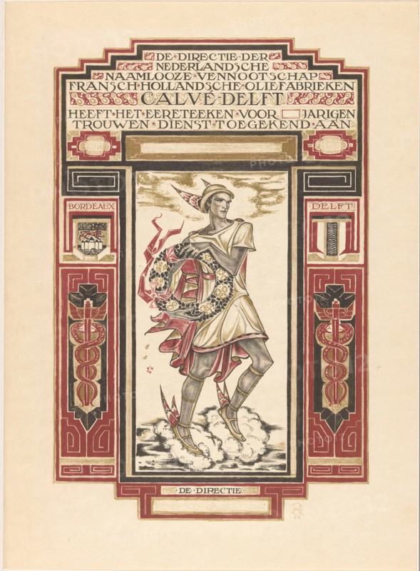 Design for: diploma for loyal service at Calvé-Delft, Richard Nicolaüs Roland Holst, 1924 print. certificate Hermes, recognizable by his winged sandals and petasus (hat), which holds a flower wreath. To the whole a frame with a so -called Caduceus on the left and right, a two -hoses, and the city weapons of Delft and Bordeaux. At the top of the text 'The management of the Dutch public limited company Fransch-Hollandsche Oil factories Calvé-Delft has awarded the honor sign for [...] Jarent Getting married service to [...]'.  paper  (story of) Mercury (Hermes). garland, wreath