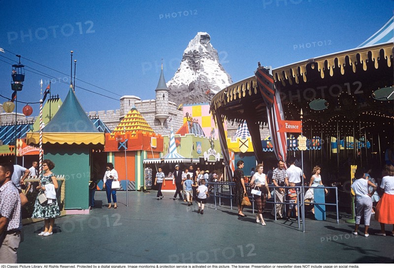 Disneyland in the 1950s. A theme park at the Disneyland Resort in Anaheim, California. It was the first theme park opened by The Walt Disney Company and the only one designed and constructed under the direct supervision of Walt Disney, and opened on July 17, 1955. On the left the Swiss Chalet Skyway cable car. In the center the Matterhorn bobsled roller coaster.     1959. Anders Svahn ref SVA9