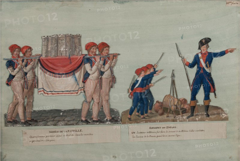 Jean-Baptiste Lesueur (1749-1826). "Oath of children". Gouache on cut cardboard stuck on a sheet of paper washed with blue. Paris, Carnavalet museum. Army, Bastille, Phrygian Bonnet, Carton Decoupe, Official Ceremony, glue, Children, Paper, Gouache, Blue Laved, Model, Model, French Revolution, Revolutionary, Oath, 18th 18th 18th 18th 18th 18th century, Procession