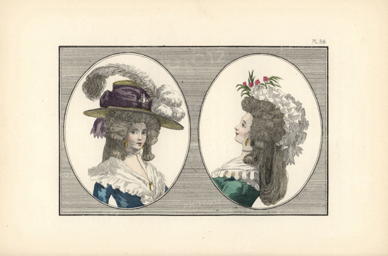 Woman in English-ingenue headdress with feathers, and woman with hedgehog hairstyle and lazy-woman bonnet.