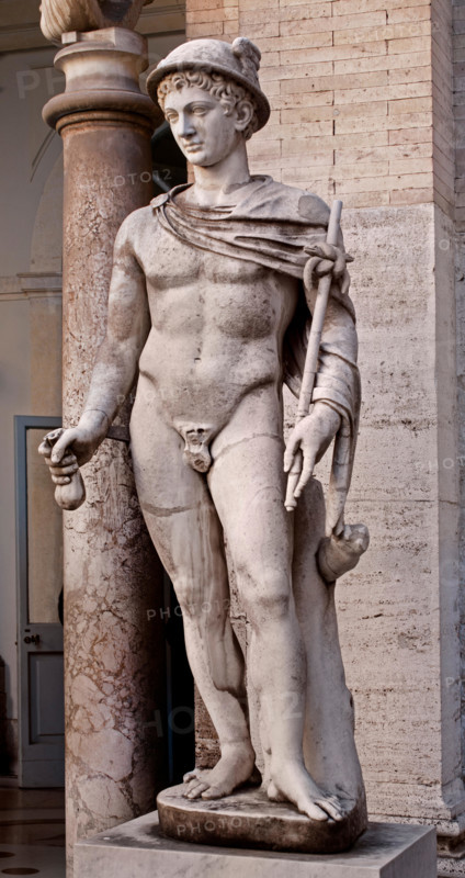 Hermes Ingenui  Hermes wears his usual attributes: kerykeion (or herald's staff), kithara, petasus (round hat), traveller's cloak and winged temples. Marble, Roman copy of the 2nd century BC after a Greek original of the 5th century BC. ( Vatican Museum Rome Italy )