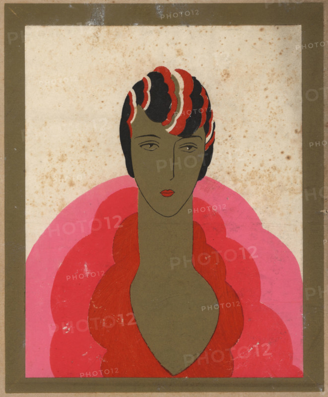 Woman in cloche hat and pink dress in gold frame, 1926.