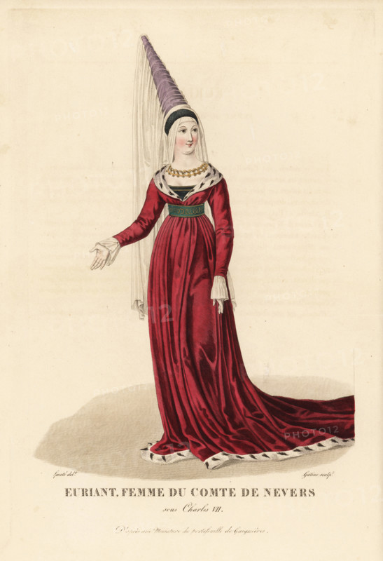 Euriant of Savoy, mistress of the Count of Nevers. The story of the beauty Euriant and Gerard de Nevers was related in La Roman de la violette by the poet Gerbert de Montreuil. She wears a high hennin with veil, and ermine-trimmed crimson robe. After a miniature in Roger Gaignieres' portfolio. Handcoloured copperplate engraving by Georges Jacques Gatine after an illustration by Louis Marie Lante from Galerie Francaise de Femmes Celebres, Paris, 1827.
