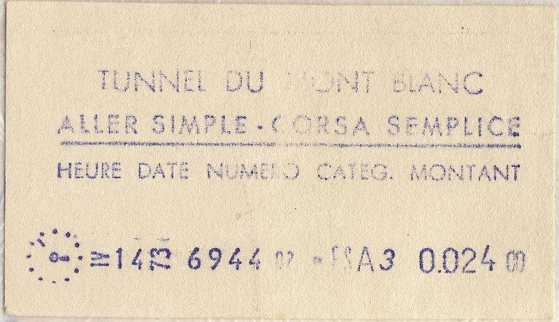 Ticket for the Mont Blanc Tunnel, issued in 1973. This transport ticket symbolizes the connection between France and Italy through the famous tunnel.
