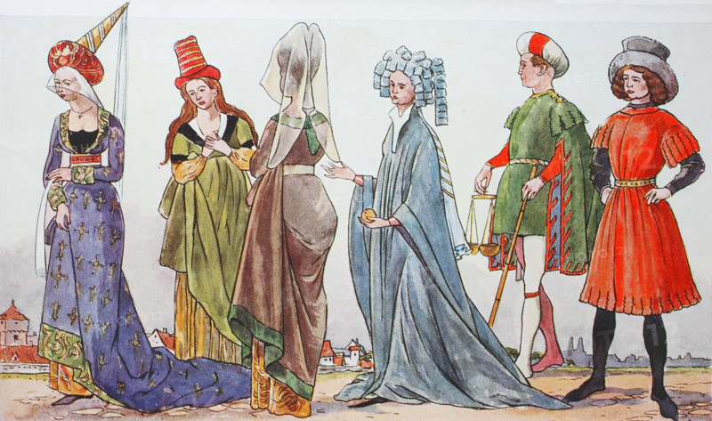 Clothes, fashion in Germany under Burgundian influence from 1410-1460, from the left, noble woman with the Burgundian Hennin, a high pointy hat and veil, then a girl with a cone hat, then a woman with a horn cap, then a girl in the tabard with wide sleeves and cap, then a merchant, and a gentleman in a long belt skirt, digital improved reproduction from an original from the year 1900
