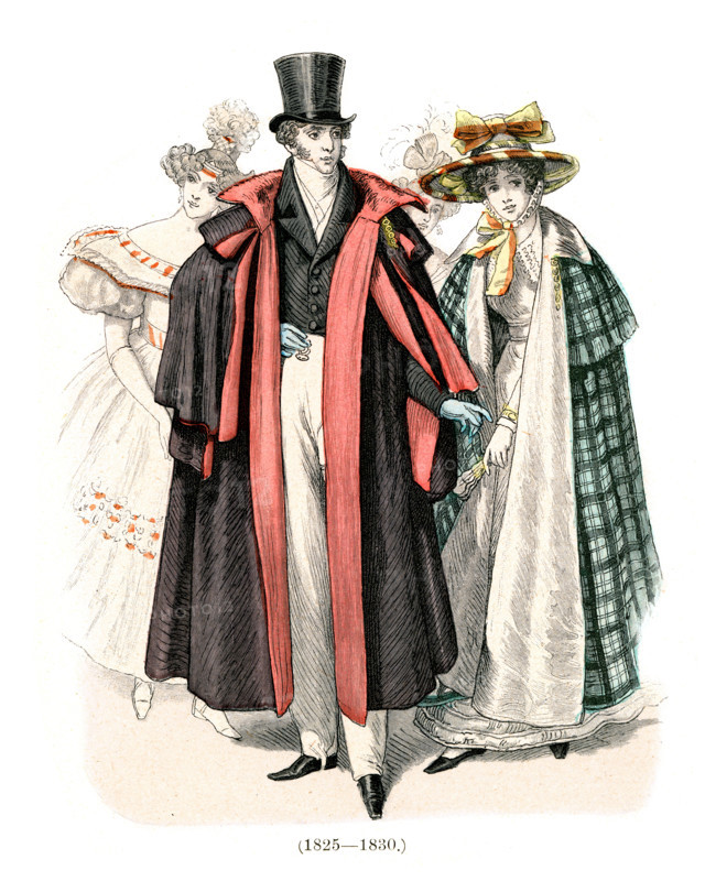 Vintage engraving of History of Fashion, Costumes of Germany early 19th Century.  High society man in cape and top hat, women in hat and cloak 1825 to