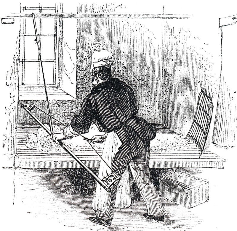 An engraving depicting the manufacturing of beaver hats: bowing fur and wool used to make the hats. Dated 19th century