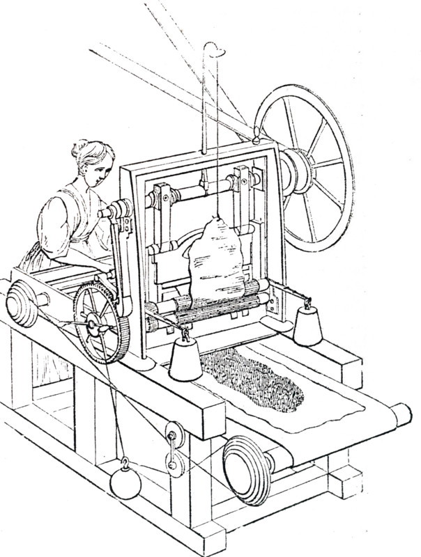 An engraving depicting the manufacturing of beaver hats: a machine used for shaving fur from the animal skin after it is washed. Dated 19th century
