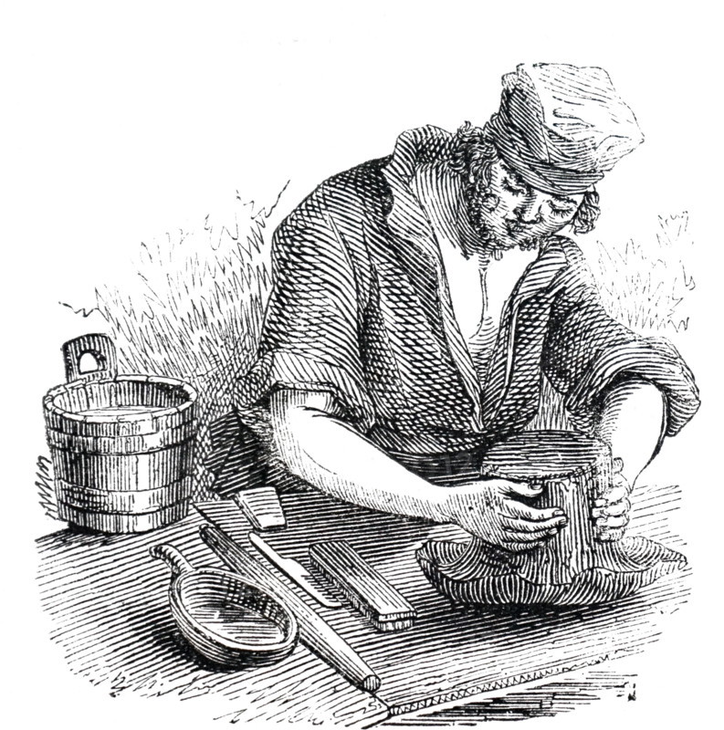 An engraving depicting the manufacturing of beaver hats: shaping a beaver hat on a block. Dated 19th century