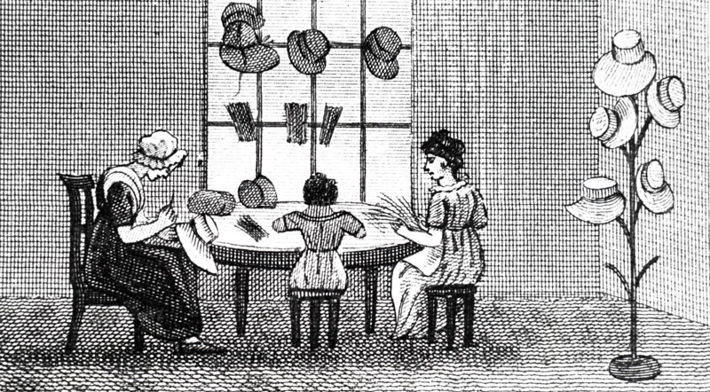 An engraving depicting women and child making plaited straw into hats. Dated 19th century