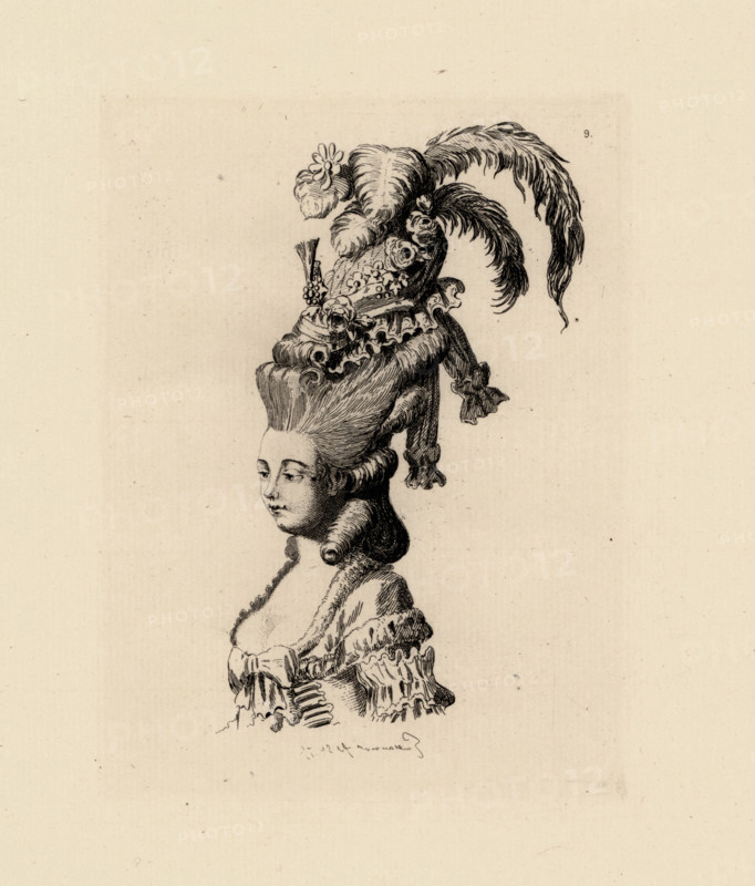 Woman in giant pouf hairstyle, era of Marie Antoinette. Copperplate etching by Auguste Etienne Guillaumot from Costumes et coiffures du XVIIIe siecle, Costumes and hairstyles of the 18th century, Cagnon, Paris, 1875. Original illustration from the Gallerie des Modes et Costumes Francais, 1778-1787.