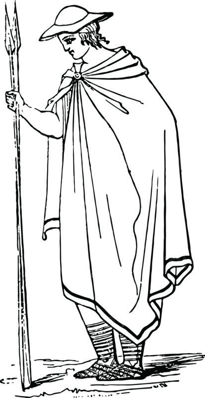 A Greek wearing Petasus, vintage line drawing or engraving illustration.