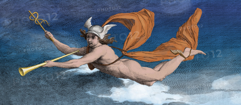 Hermes or Mercury with the caduceus and Roman tuba (or similar). Engraving by James Barry, 1791. Hermes is an ancient Greek god, son of Zeus and the Pleiad Maia. He is known as the messenger of the gods, and the one who conducts souls to the underworld. In some myths he is a trickster, and outwits other gods for his own satisfaction or for the sake of humankind.