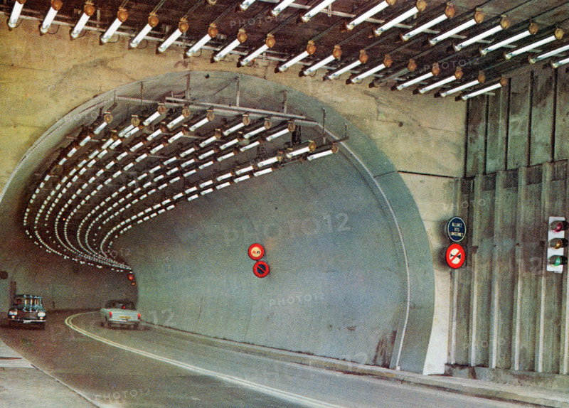 A postcard image of the Mont Blanc tunnel which runs 11.8km between France and Italy. At the time of opening in July 1965 it was three times longer than any rival tunnel. Original publisher: Couleurs Naturelles