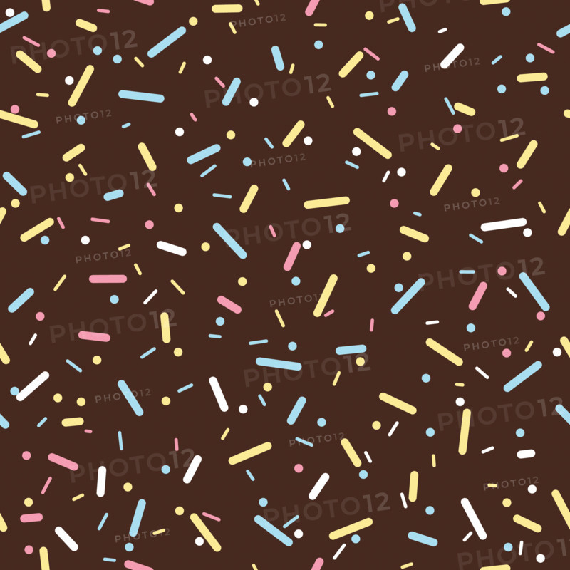 Donut chocolate glaze seamless pattern. Cream texture with topping of colorful sprinkles and beads on brown background. Food bakery decoration. Vector