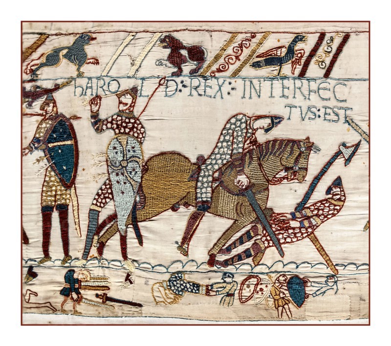BAYEUX TAPESTRY DEATH Harold Rex Interfectus Est: "King Harold was killed". Scene from the Bayeux Tapestry depicting the Battle of Hastings and the death of King Harold, image of Bayeux tapestry scene 87. 14th October 1066 Battle near Hastings, East Sussex, England Decisive Norman victory.The Battle of Hastings was fought on 14 October 1066 between the Norman-French army of William, the Duke of Normandy, and an English army under the Anglo-Saxon King Harold Godwinson, beginning the Norman conquest of England. It took place approximately 7 miles (11 kilometres) northwest of Hastings.