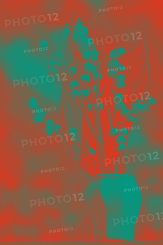 Abstract pop art flower in spring red and red turquoise trendy tinted colors. Lily of the valley. Toned feshenny floral background in red blue tones.