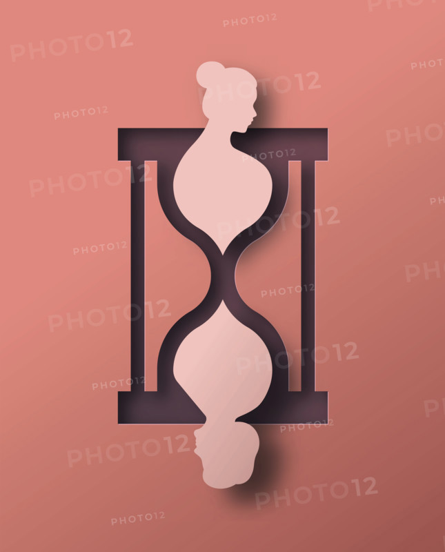 Young girl aging into old woman inside papercut hourglass sand clock. Age time illustration concept in modern 3D paper cut craft style. Senior care or