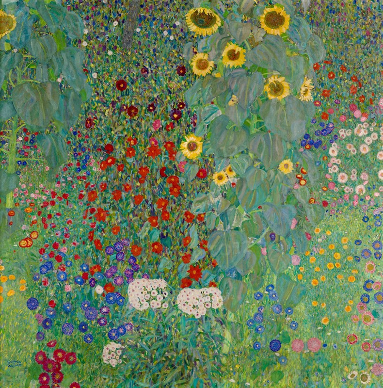 Gustav Klimt floral artwork - Cottage Garden with Sunflowers - 1907