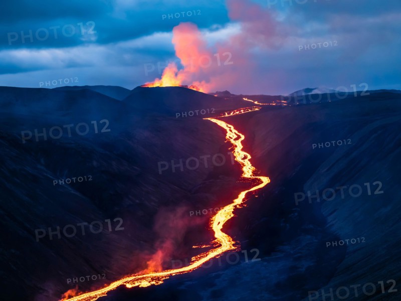 Glowing river of magma from Fagradalsfjall Volcanic eruption at Geldingadalir, Iceland