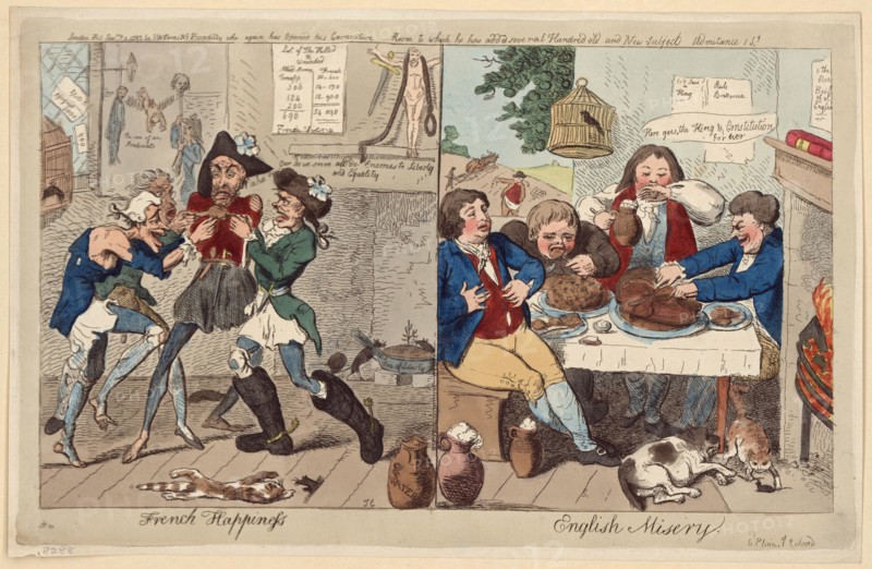 French happiness - English misery   IC.. British Cartoon Prints Collection . France,History,Revolution, 1789-1799. , Sansculottes,1790-1800. , Starvation,France,1790-1800. , Gluttony,1790-1800. , Eating & drinking,England,1790-1800.