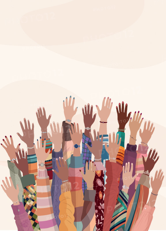 Raised hands of group multicultural women. International women s day. Diversity - inclusion - equality - girl power or empowerment concept
