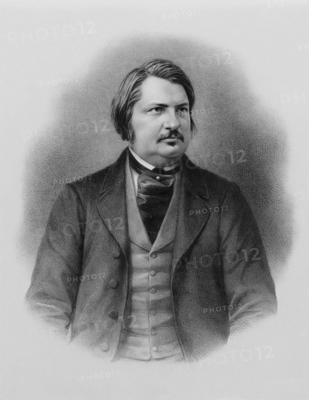 Lithography portrait of Honoré de Balzac. Represented at half-length, dressed in a full jacket.