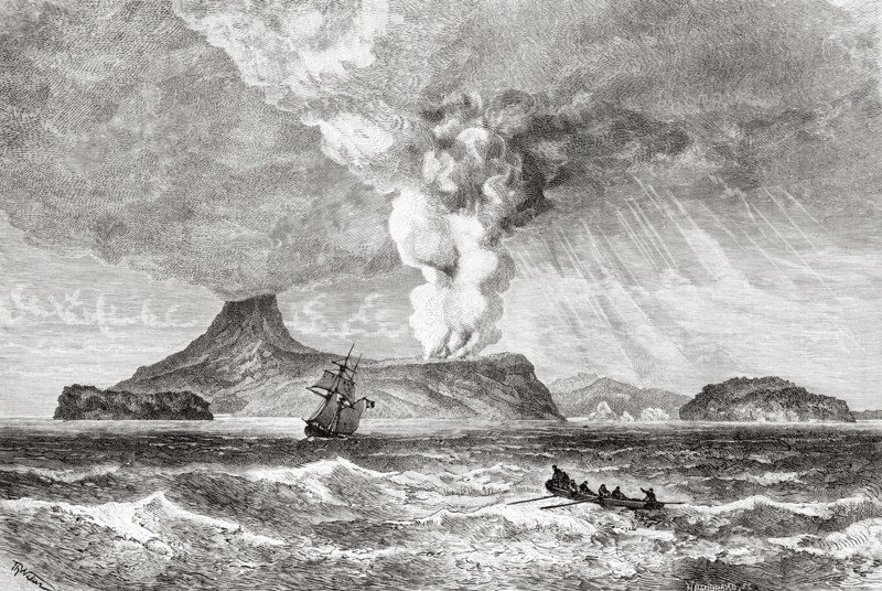 Perboewatan volcano eruption in 1883, Krakatoa island. Indonesia. Drawing by Theodor Weber (1838-1907)  Krakatau and the Sunda Strait 1884 by French journalist Edmond Cotteau (1833 - 1896) Le Tour du Monde 1886