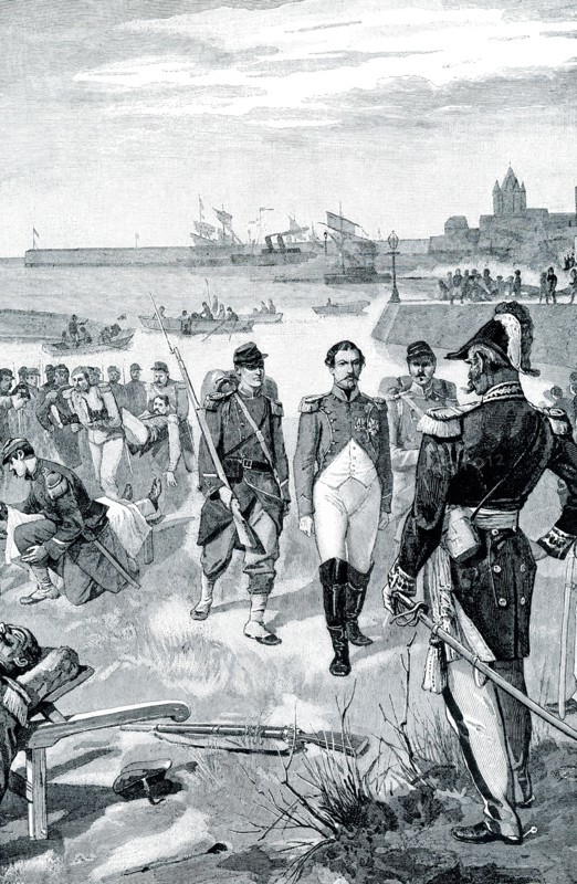 ARREST OF LOUIS NAPOLEON AT BOULOGNE.—The early 1900s caption reads: “Louis Napoleon, nephew of the great Napoleon and afterward Emperor himself as Napoleon III., made several attempts to master France before he at last succeeded. In 1840 he led an expedition from England and landed at Boulogne. His purpose failed; he fled and was almost drowned, being finally rescued and made prisoner in most unheroic fashion. He accepted his captivity, however, with a quiet dignity which did much to aid him in the minds of Frenchmen.”