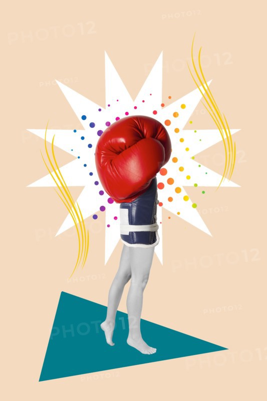 Woman legs with a boxing glove about what the body would be on a white star on a colored background