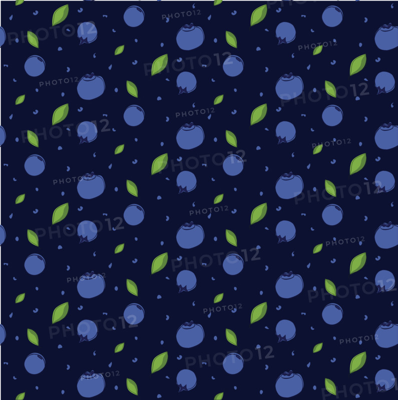 Vector seamless pattern with blueberries and leaves in graphic line style on a dark blue background.