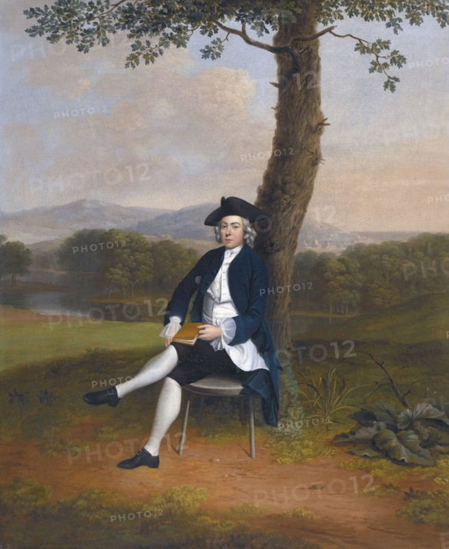 This 18th-century oil on canvas portrait by Arthur Devis shows a gentleman seated under a tree. The painting is signed 'A. Devis' in the lower left corner, characteristic of Devis' style in English portraiture during the 1700s.