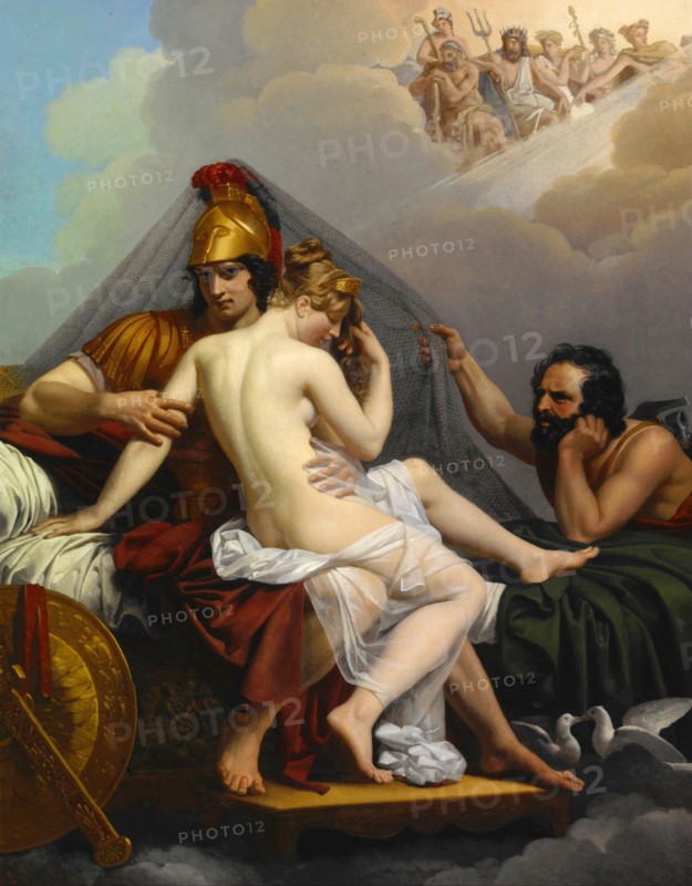 In Greek myth Aphrodite (Venus in Roman) is married to Hephaestus (Vulcan in Roman) in a marriage arranged by Zeus (Jove). Sources vary as to the reason for the marriage, but al agree that Hephaestus/Vulcan has a lame leg and that Aphrodite/Venus does not love him. She has an affair with the god of war Ares (Mars in roman). She also had an affair with the mortals Anchises and Adonis. In this painting by Alexandre Charles Guillemot we see Aphrodite and Ares together with Hephaestus trapping them in a net whilst in the act.
