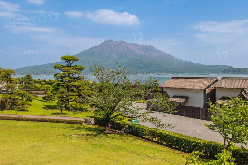 Scenery of Sengan en with Sakurajima as background, Kagoshima, Kyushu, Japan