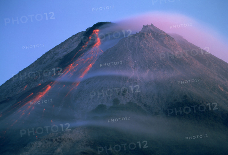 Eruption of Gunung Merapi, a highly active volcano near Yogyakarta, Java, Indonesia, Southeast Asia