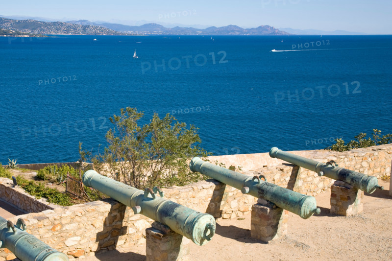 The historic cannons of the citadel of Saint-Tropez are situated above the bay of Saint-Tropez at the Cote d'Azur / Provence